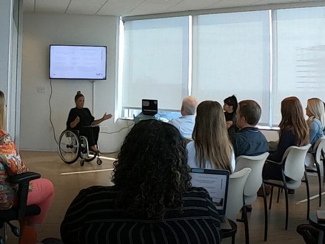 alycia delivering a presentation to fleishman hillard at there office in downtown sacramento