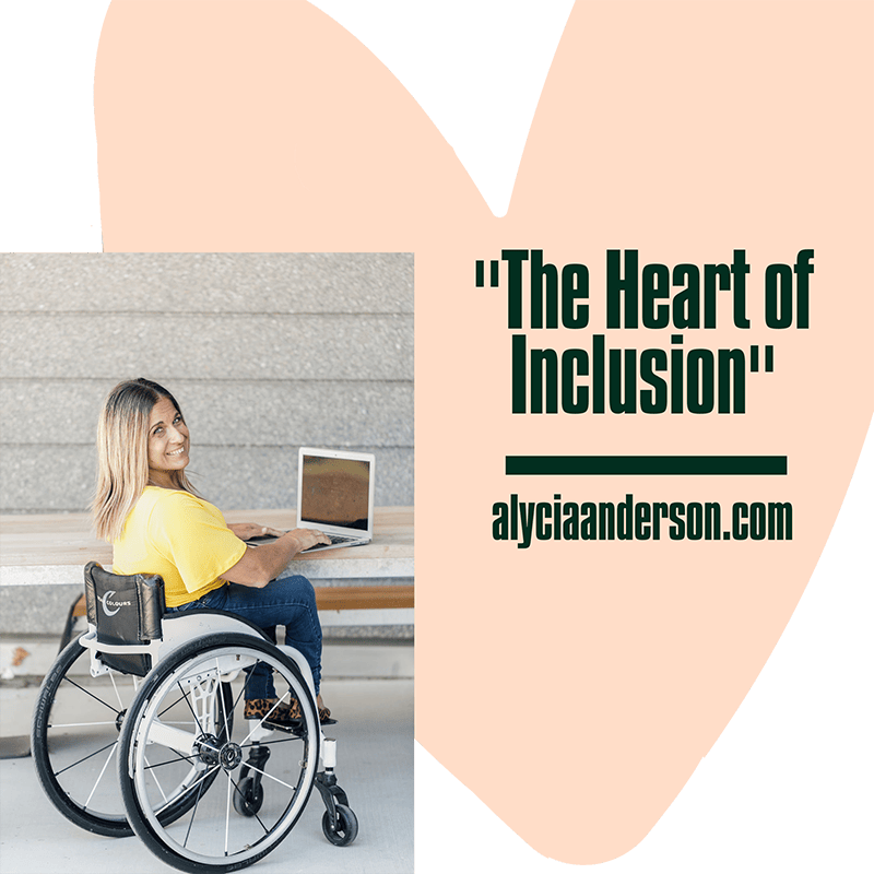 alycia working at her cpu and a heart with the words the heart of inclusion