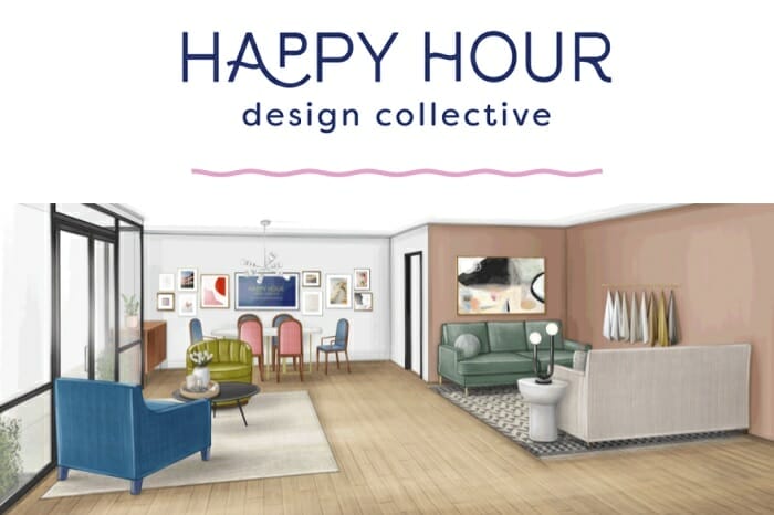 happy hour design collective logo above a rendering of a showroom