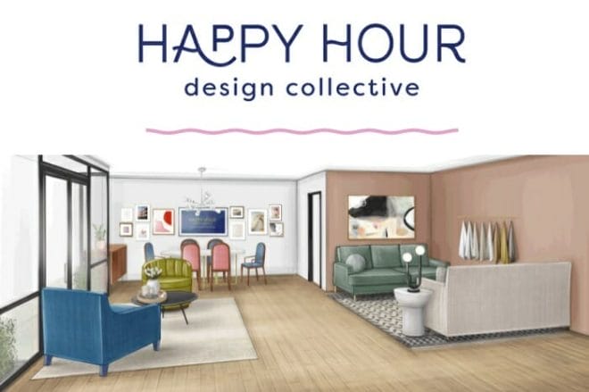 happy hour design collective logo above a rendering of a showroom