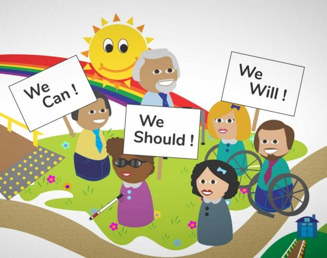 cartoon of a group of people in a field with signs saying you can you should and you will