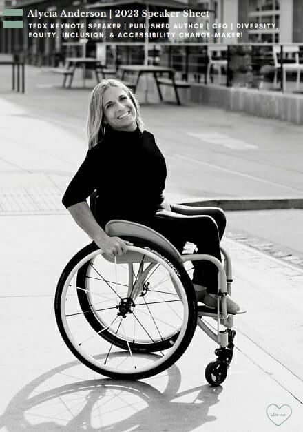 alycia anderson DEI advocate, speaker black and white photo in wheelchair outside