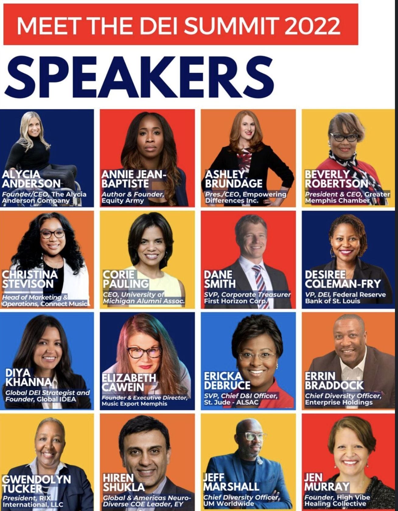 ID: Alycia with a series of photos wearing blue with a tee shirt that reads The DEI Summit 2022. On Stage speaking with panel Lydia Smith, Chief Diversity Officer, Victoria’s Secret & Co and Jeff Marshall, Chief Diversity Officer, Head of Diversity & Equity & Belonging, UM Worldwide and in attendance with the conference attendees.