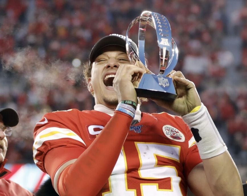ID: First photo Patrick Mahomes with referee bent over in pain from hurt ankle playing in the Super Bowl. Second photo Patrick Mahomes holding SuperBowl trophy after winning.