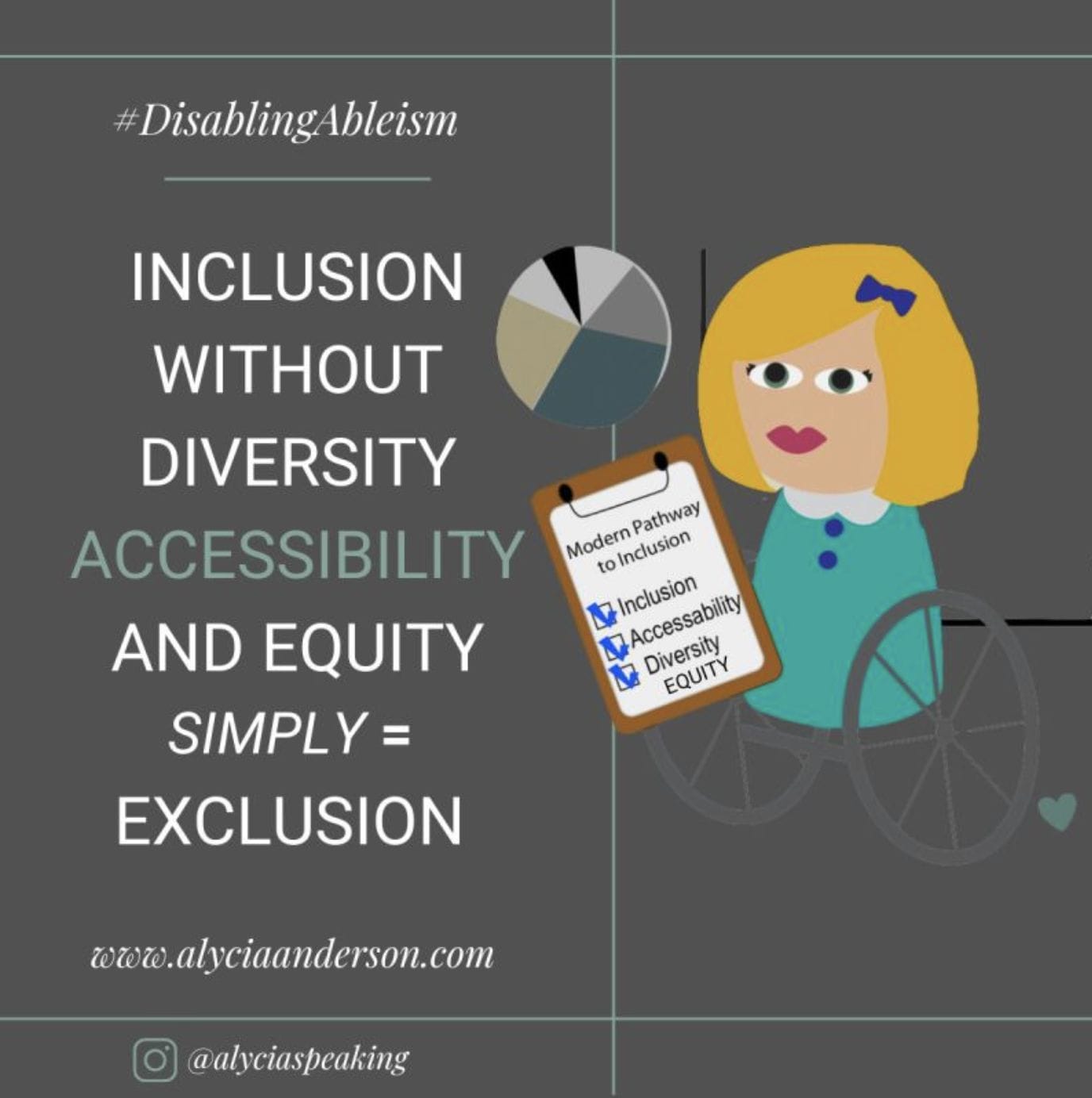 Cartoon of disabled woman holding a clipboard that says without DEI + Accessibility you have exclusion.