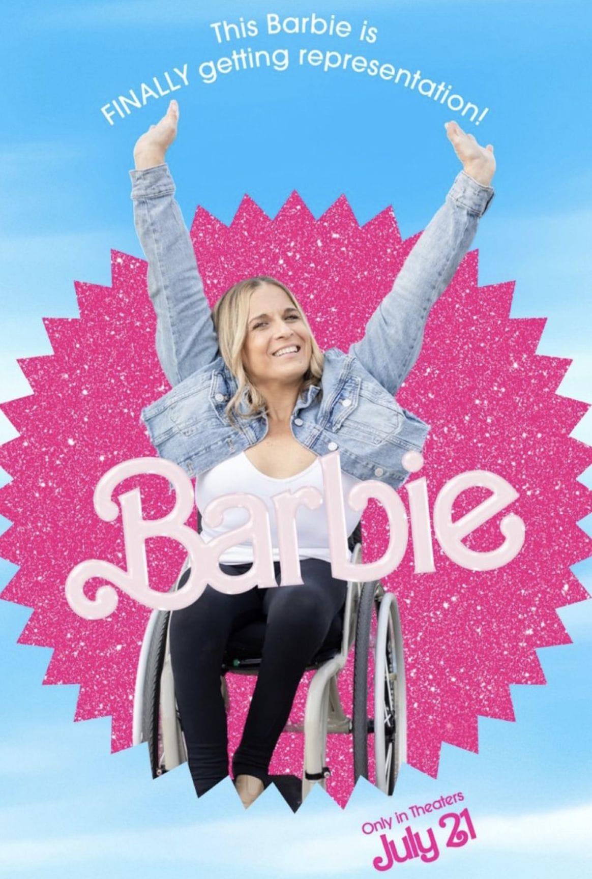 this Barbie is finally getting representation image of alycia lifting arms up in wheelchair behind logo of Barbie