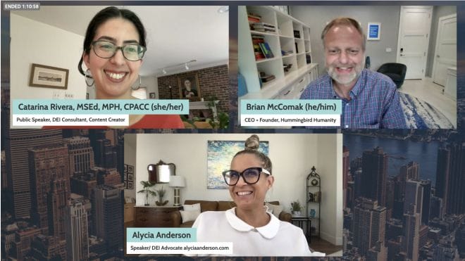 ID: Catarina wearing red with glasses and smiling. Brian wearing blue and smiling. Alycia wearing white with glasses smiling. On a shared webinar screen with.