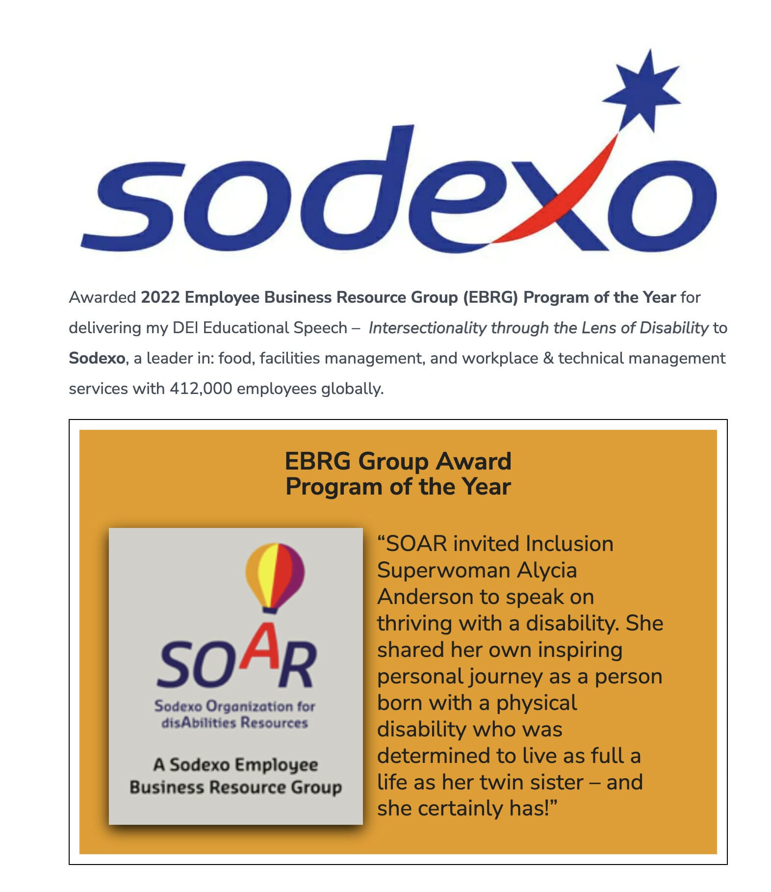 Sodexo post screenshot of award