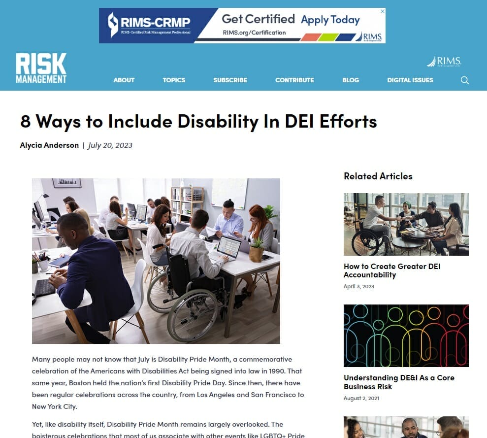 screen capture of article on risk management magazine website