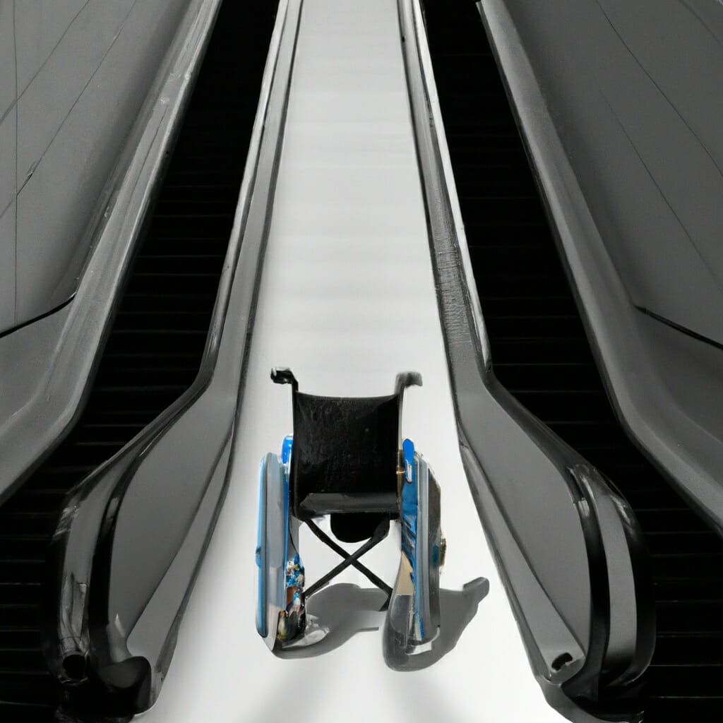 an ai generated rendering of a wheelchair going onto an escalator