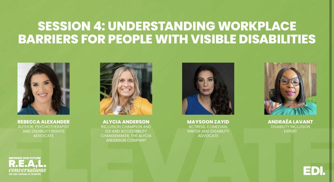 Announcement of panelist in green with headshots of all panelist Rebecca Alexander, Maysoon Zayid and Andraea LaVant