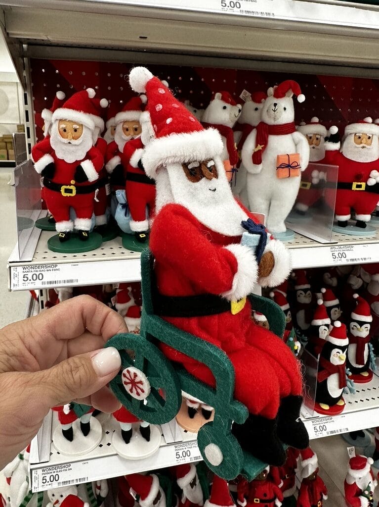 image of alycia holding a santa claus in a wheelchair ornament