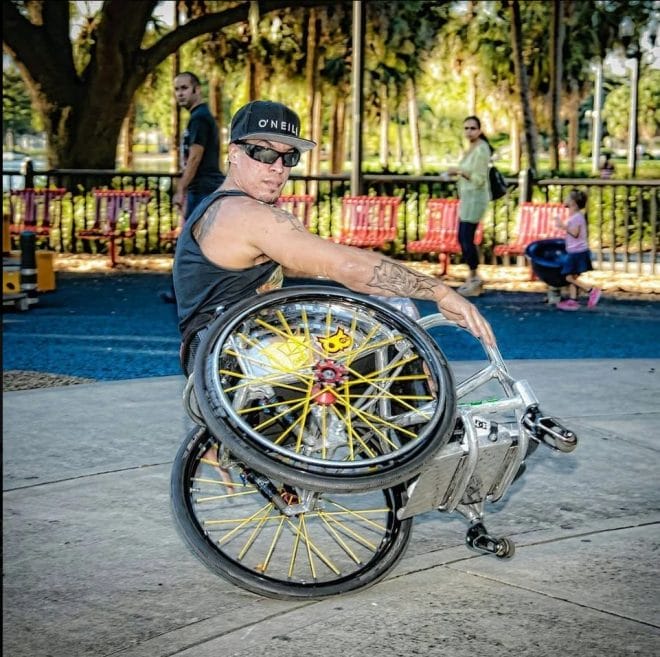 The Box Wheelchair WCMX model employs a highly reinforced frame, sporting a unique, multi-link floating rear axle and featuring a (optional and Fully Adjustable) dual Fox Float-R racing shocks as well as Box "Recoil" front suspension forks. 