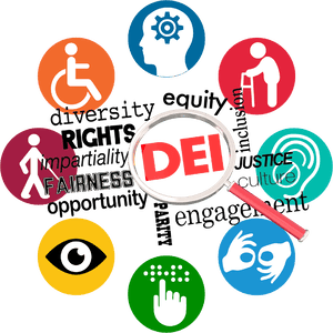 the letters d e i in the center of a magnifying glass with the words such as diversity equity inclusion around it and the symbols representing disabilities circling the prementioned information