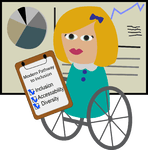 cartoon rendering of alycia in front of a whiteboard with pie charts graphs and stats holding a clipboard that says modern pathway to inclusion with checkboxes inclusion accessibility and diversity