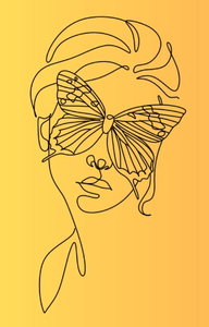 sketch drawing of a womans face with a butterfly over her eyes like sunglasses with a gradient background from yellow to orange behind single line sketch art