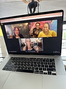 alycia presentation on one monitor and beth alycia benita and her son samuel in conference on another
