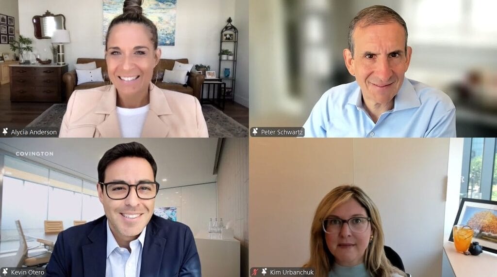 alycia on a virtual meeting with peter schwartz kevin otero and kim urbanchuk from covington and burling limited liability partnership