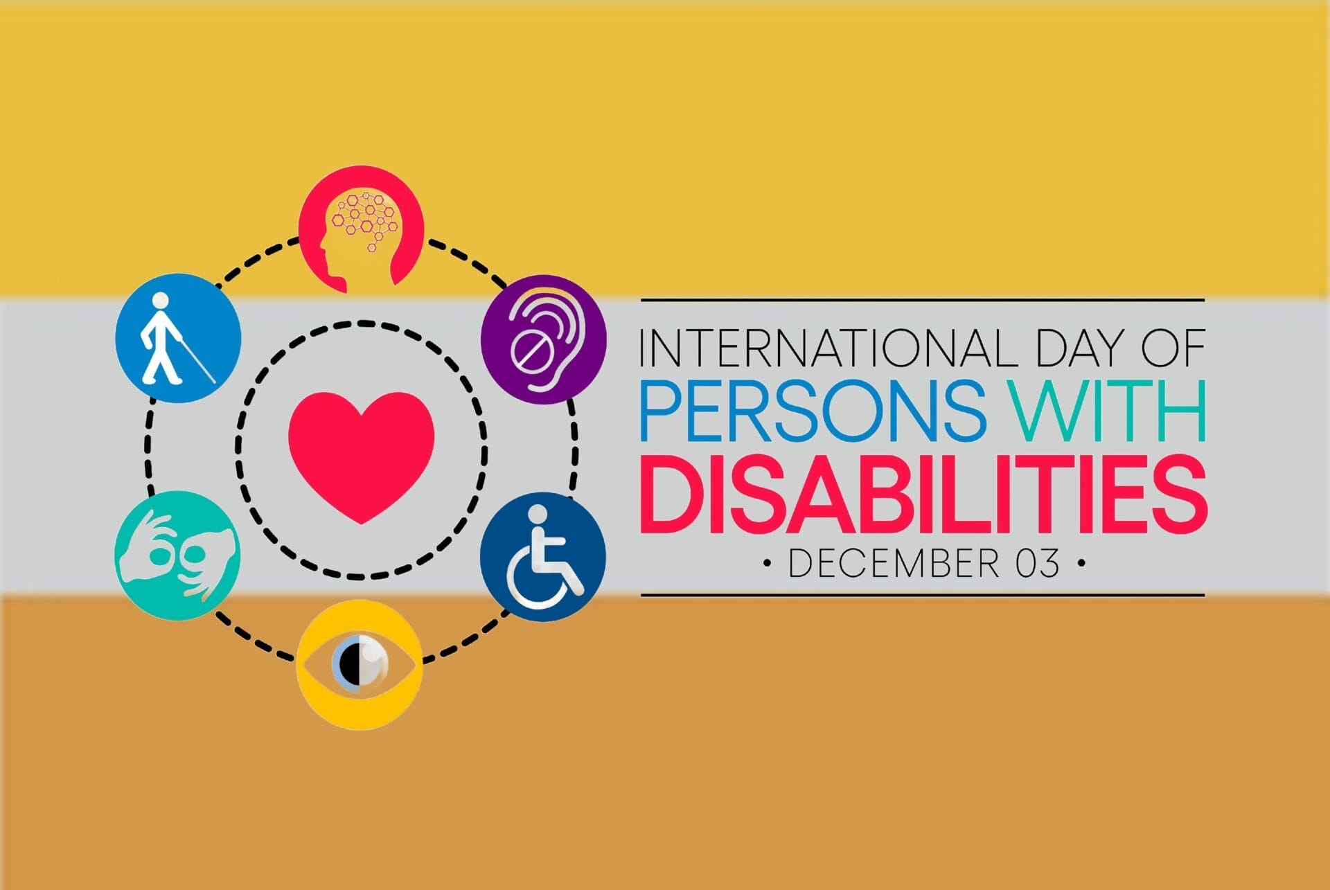 symbols for different types of disabilities circled around a heart next to the text stating international day of persons with disabilities december third all of this laid above the IDPD flag of tricolored gold silver and bronze horizontal stripes