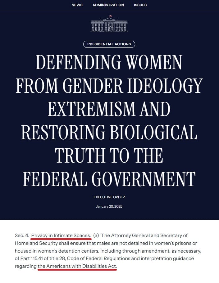 depiction of the executive order against gender extremism ideologies with an excerpt from the text underlining key statements pertaining to the americans with disabilities act and privacy in intimate spaces