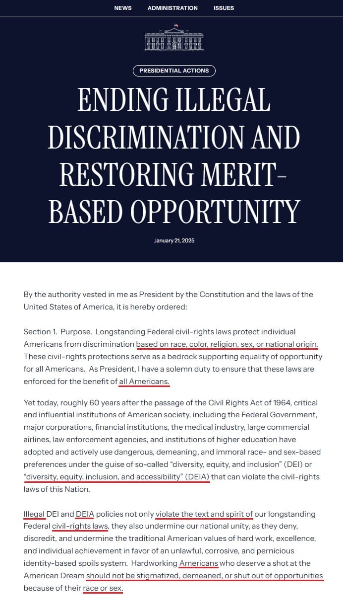 depiction of the presidential action to move to merit based opportunities with an excerpt from the text underlining key statements pertaining to the illegal dei and deia practices