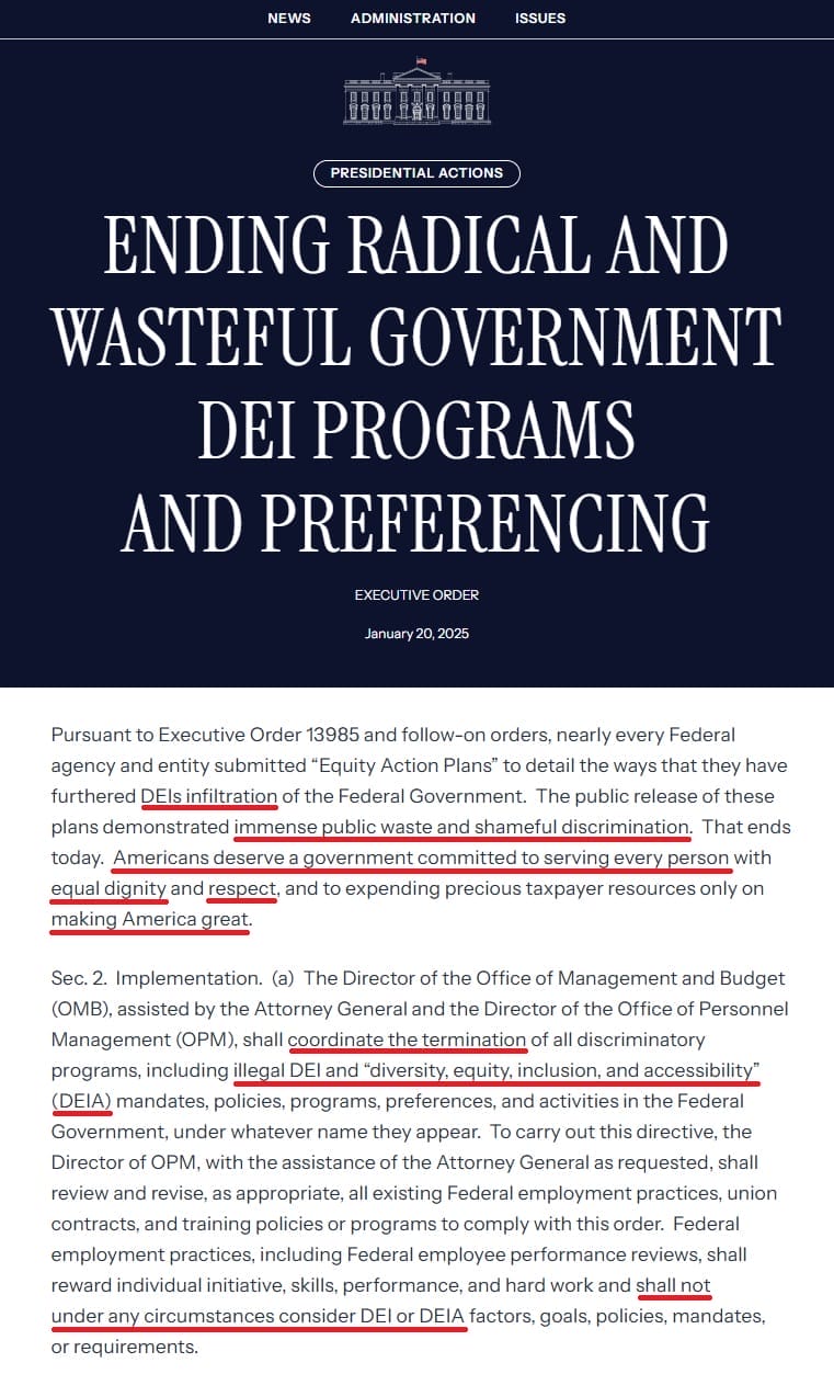 depiction of the executive order ending wasteful dei initiatives with an excerpt from the text underlining key statements pertaining to the ableist nature of the wastefulness connected to the people that these programs serve