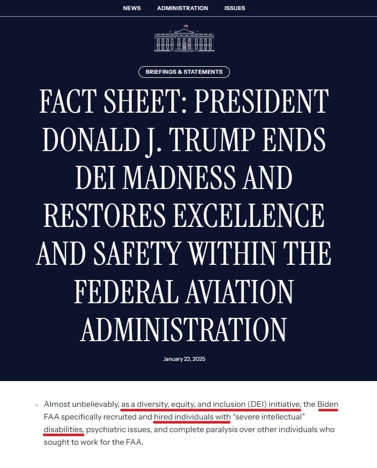 depiction of the fact sheet futher explaining the executive order claiming to make aviation safer with an excerpt from the text underlining key statements pertaining to the ableist nature of that unbelievably biden hired people with disabilities to work for the f a a