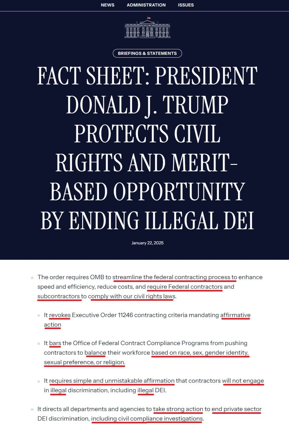 depiction of the fact sheet associated to the executive order ending dei with an excerpt from the text underlining key statements pertaining to forcing all federal contractors subcontractors and even private sector companies should end the quote illegal practices