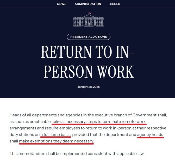 depiction of the presidential action enforcing that all federal employees return to in-person work with an excerpt from the text underlining key statements pertaining to the termination of remote work