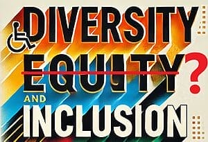graphic depicting disability with diversity equity and inclusion with the equity marked out and a question mark next to it