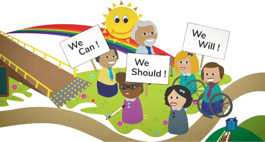 cartoon of group of people together holding signs that say we can we should and we will