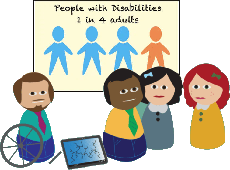 guy in wheelchair with three other standing people in front of whiteboard with three blue people one orange stating people with disabilities one in four adults a broken tablet lays on the floor between the guy in a wheelchair and other standing adults