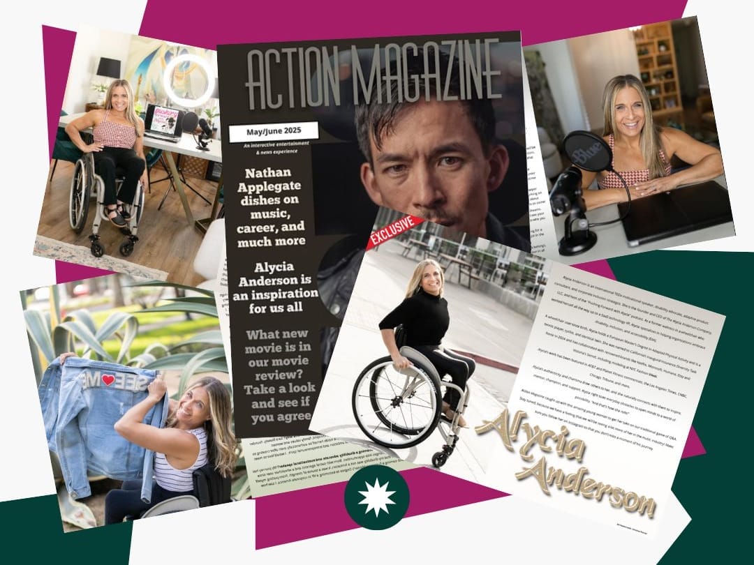 a collage of alycia anderson featured in action magazine with the cover and images from the article over and around it