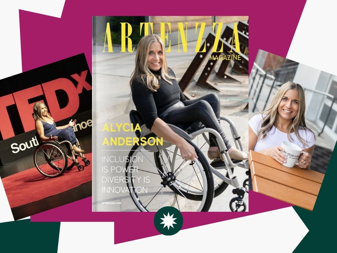 splash announcement with pink and green patterns overlaid by images of alycia on the tedx stage and sitting with a coffee mug at a table along with the cover of her on artenzza magazine