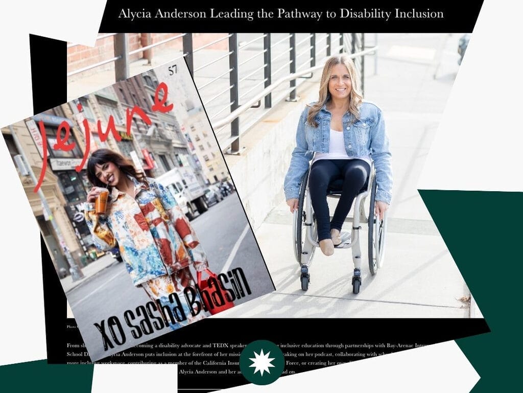 splash announcement with black and green patterns overlaid by images of alycia sitting in her wheelchair on a ramp in her blue jean jacket with the cover of the episode fifty seven of jejune magazine that she is featured in