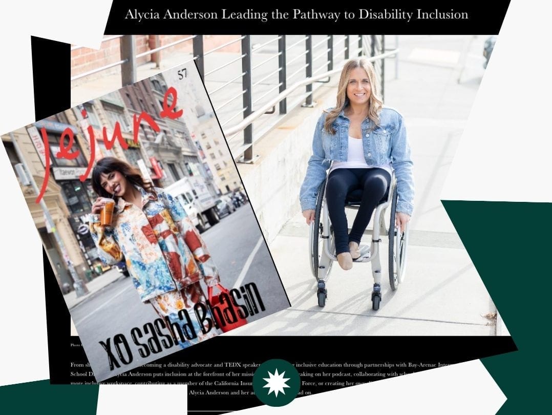 splash announcement with black and green patterns overlaid by images of alycia sitting in her wheelchair on a ramp in her blue jean jacket with the cover of the episode fifty seven of jejune magazine that she is featured in