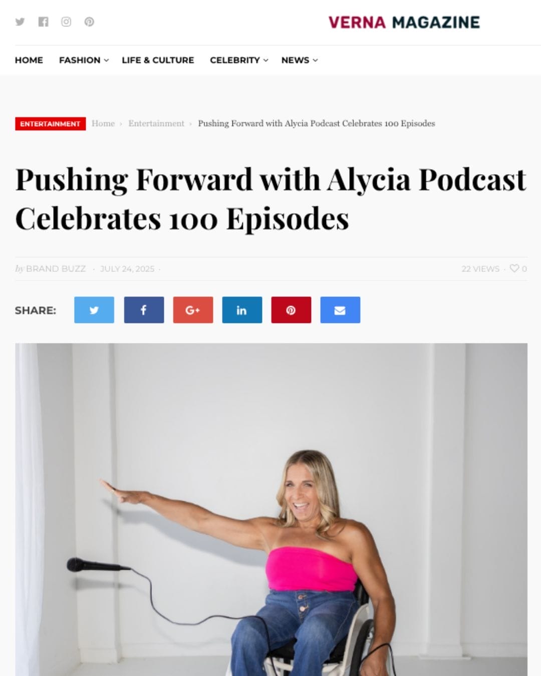 alycia anderson article in verna magazine titled pushing forward with alycia podcast celebrates one hundred episodes featured image shows alycia dropping a microphone wearing a hot pink tube top and blue jeans