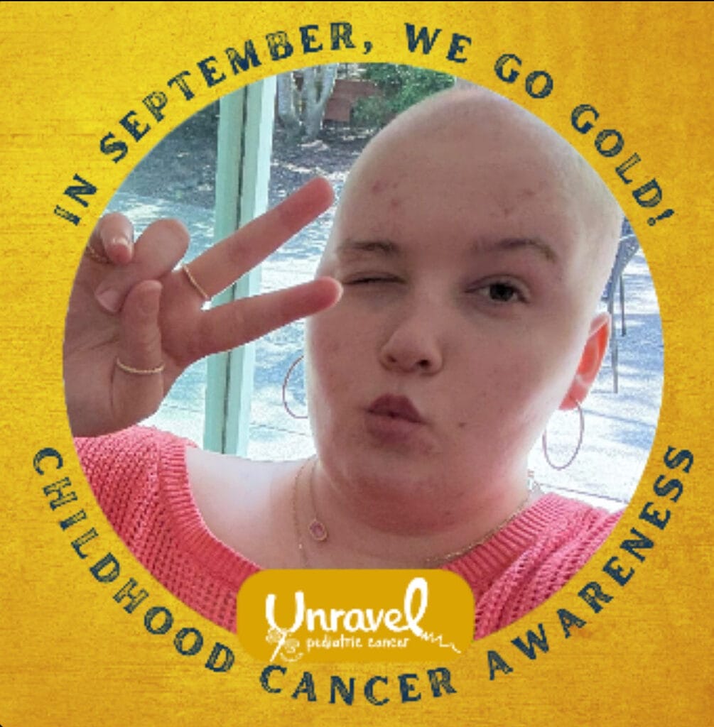 isabella izzy grimmer inside a banner circle that states in september we go gold childhood cancer awareness unravel pediatric cancer