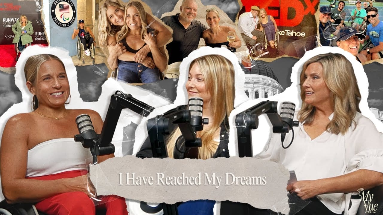 alycia sitting with the hosts of curbvue podcast with a collage of images of alycia in the background and a scrap note reading i have reached my dreams in the foreground