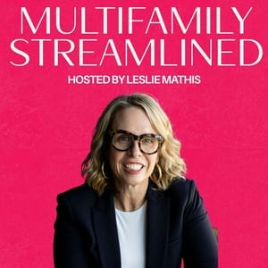 multifamily streamlined podcast cover art with host leslie mathis